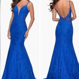 La Femme Royal Blue Lace Maxi Dress
